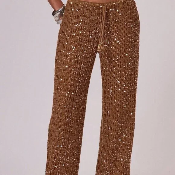 Rust Brown Women's ResortDrawstring Waist Sequin Relaxed Wide Leg pants